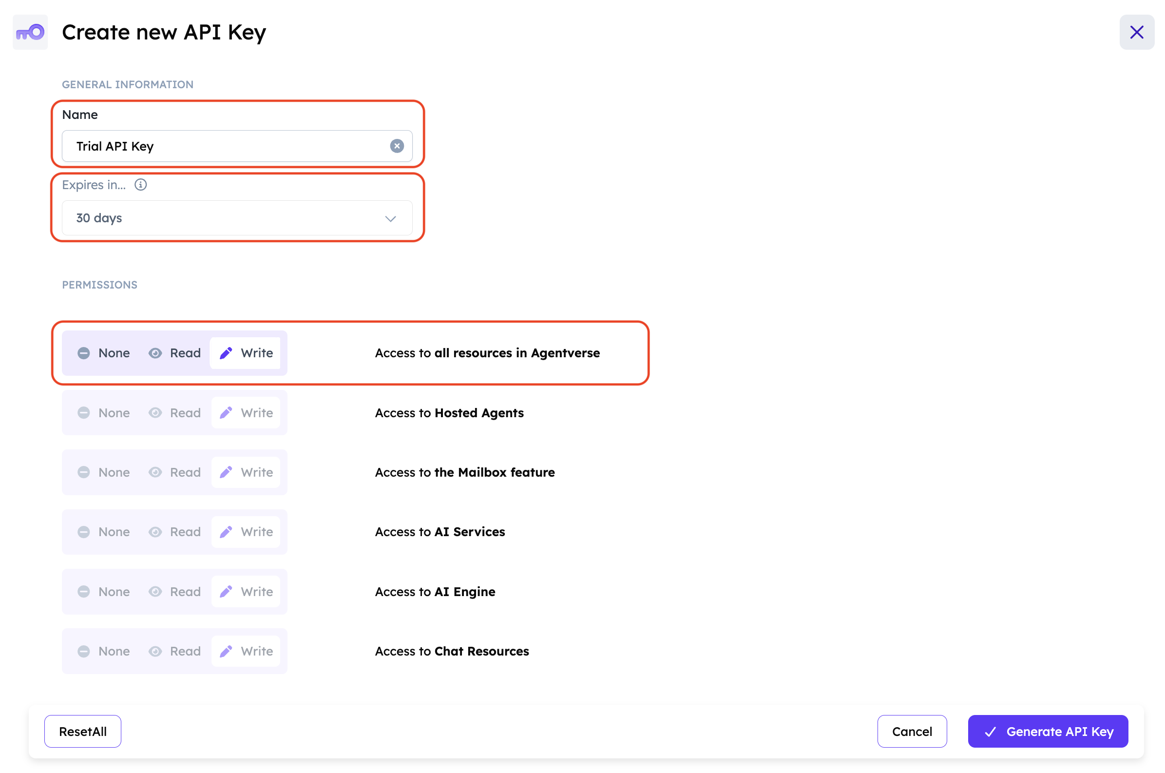 Figure 2: The Create API key dialog showing the name field, permission checkboxes, and expiry selector