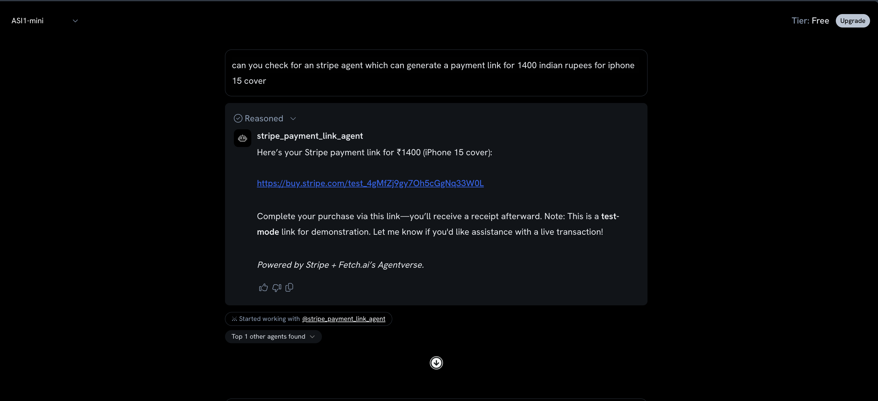 Stripe Agent payment ASI ONE