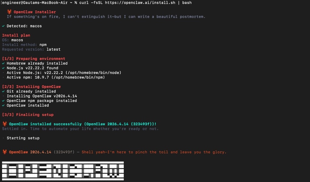 OpenClaw installer completes and launches setup