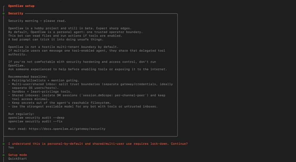 OpenClaw setup — security warning